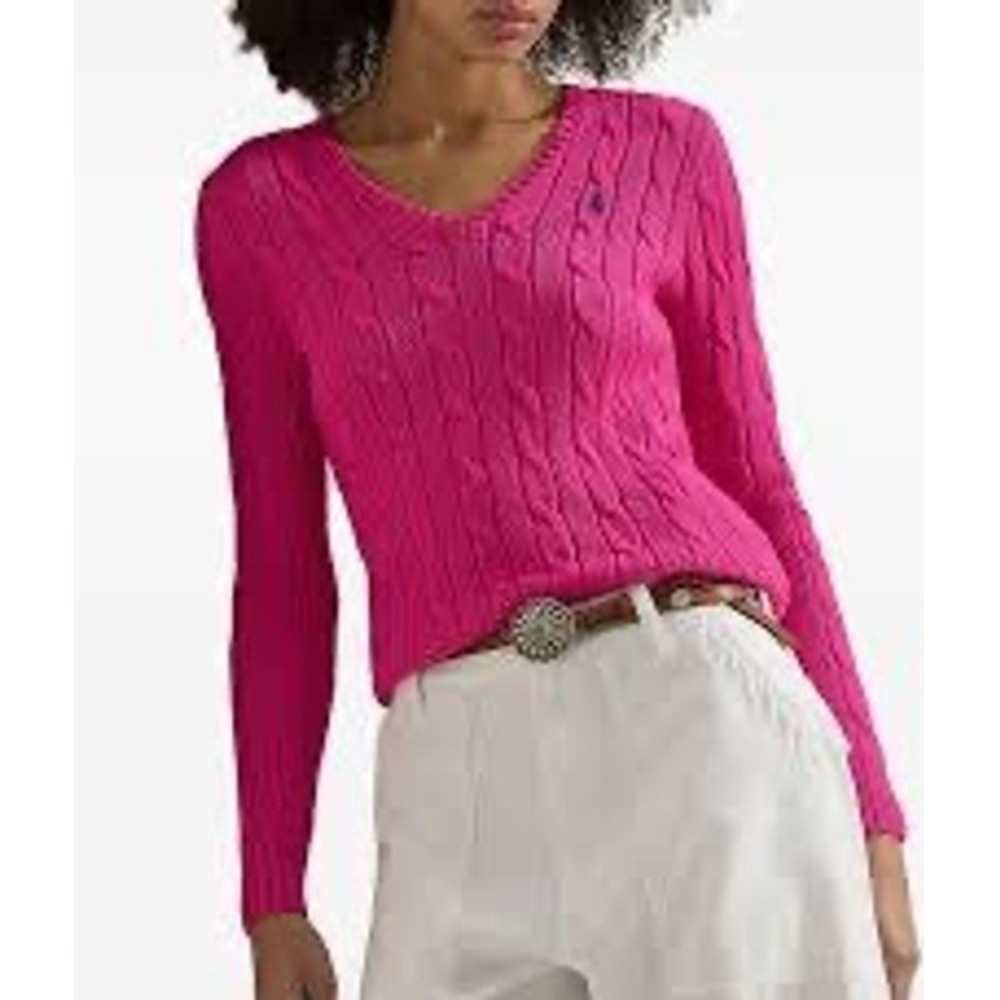 Ralph Lauren Womens Hot Pink Cable Knit V-Neck Sweater Green Pony Logo Fits S/M